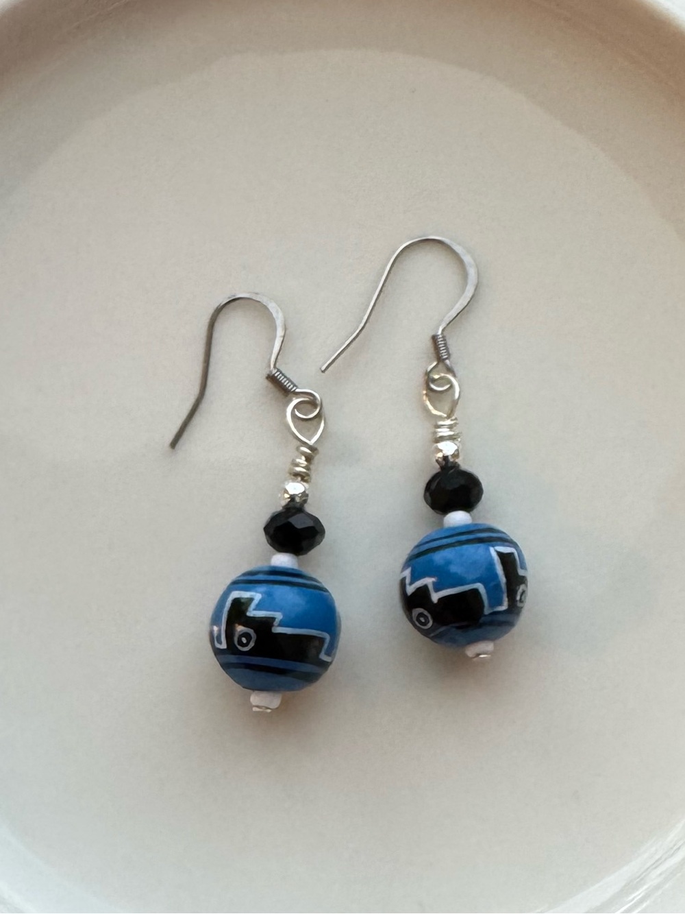 Black & Blue Peruvian Bead Drop Earrings with a Handpainted Tribal Design